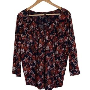 Lucky Brand‎ Womens Floral Print Top Blouse Size XL Boho Flowy Black Burgundy
